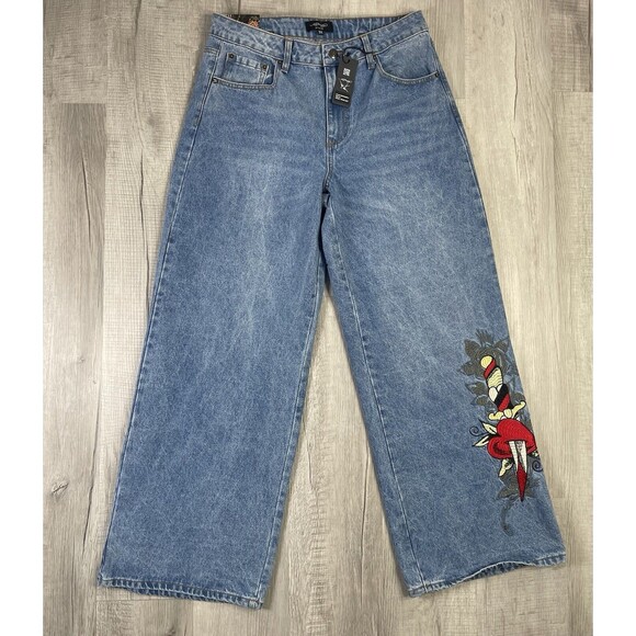 Ed Hardy Heart Dagger Love Wide Leg Loose Fit Retro Light Jeans Size 32 Y2K R - Picture 4 of 11